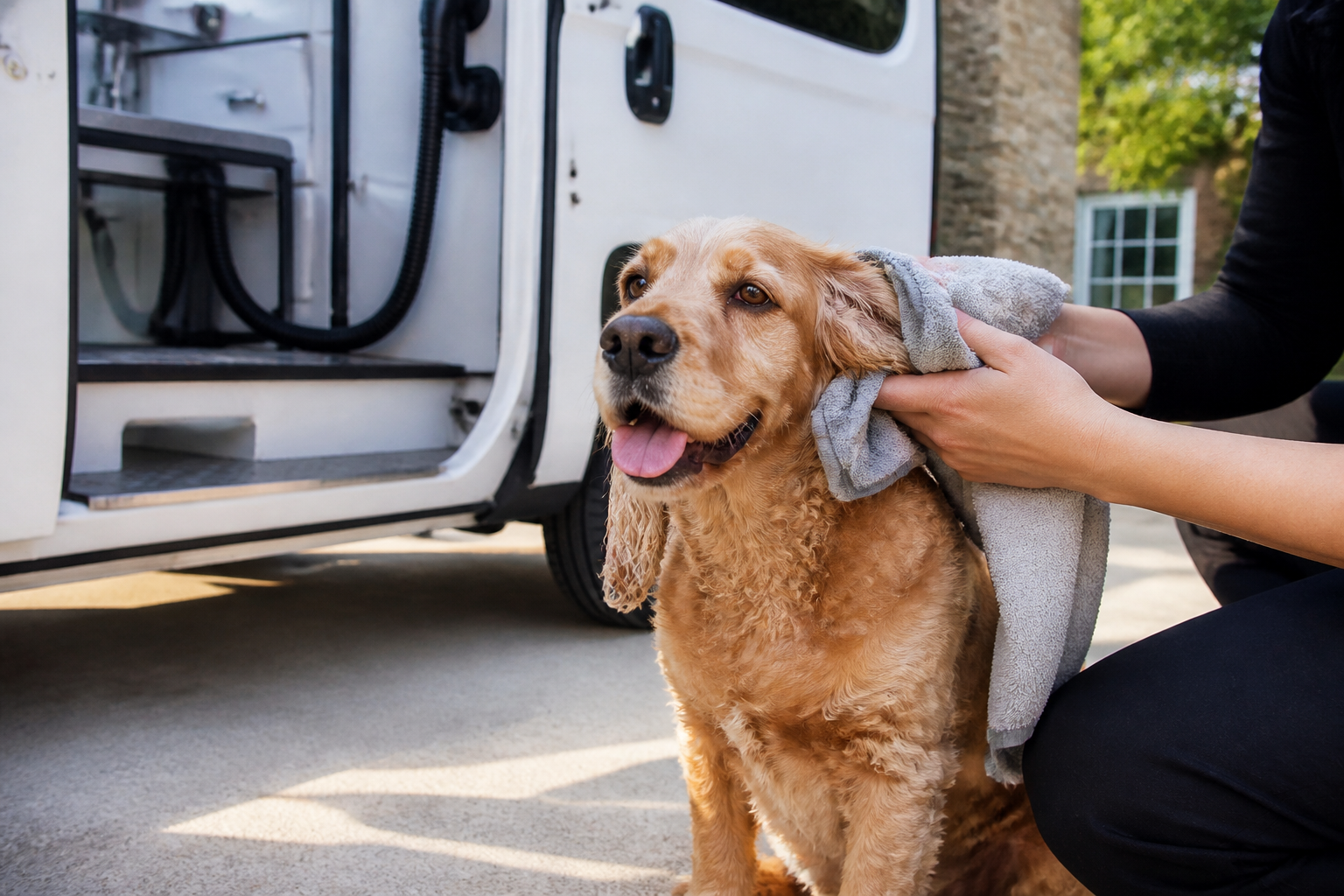 A relaxed floppy-eared dog having the outside of its ear gently towel-dried beside a mobile grooming van.