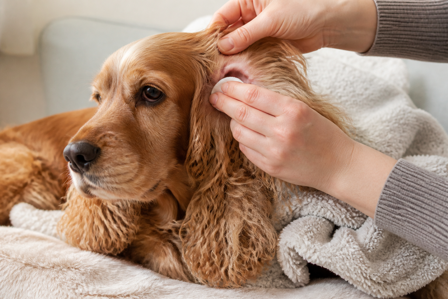 A calm floppy-eared dog having its outer ear gently checked with a soft cotton pad and towel nearby.