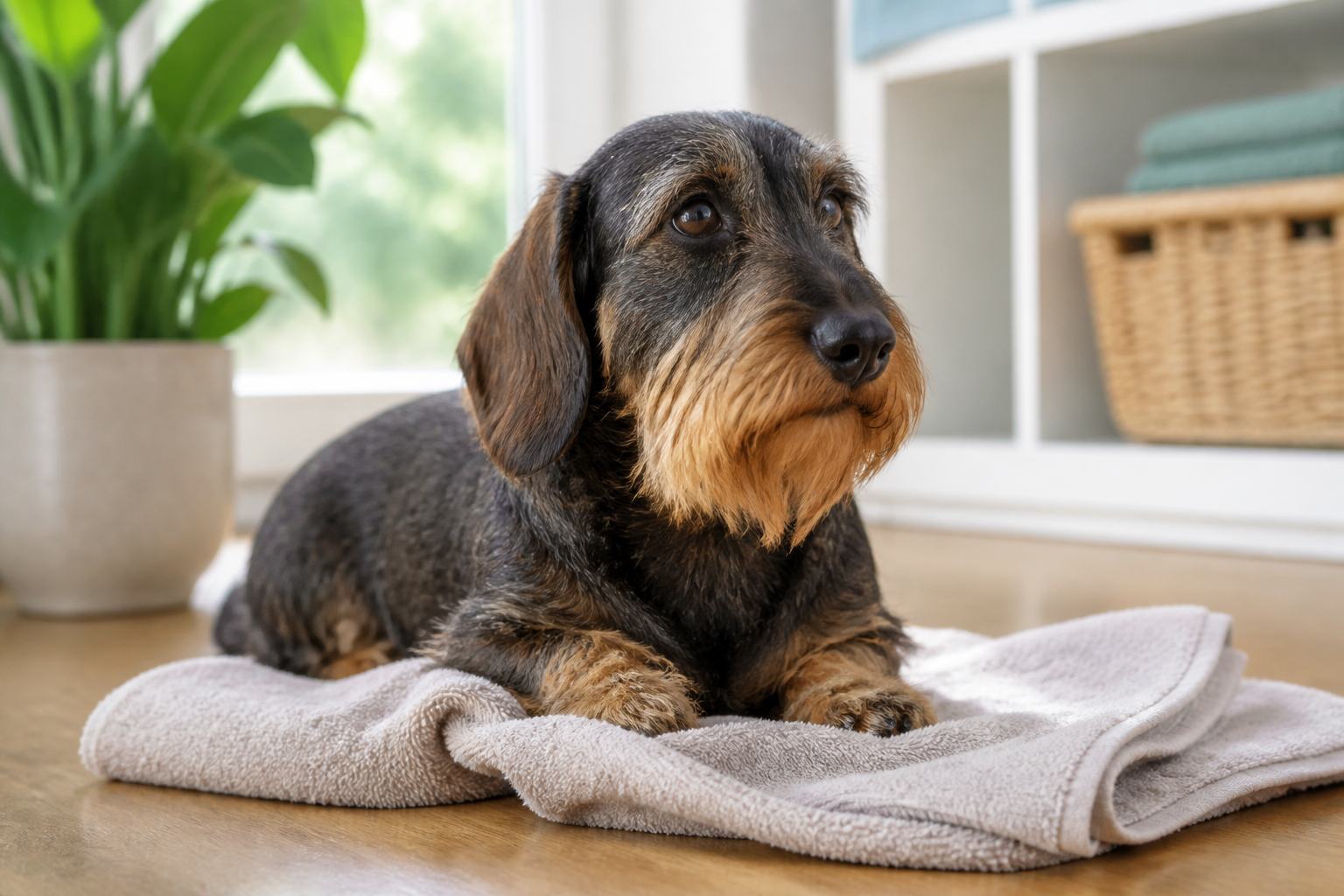 Relaxed bearded dog beside a soft towel after gentle face cleaning