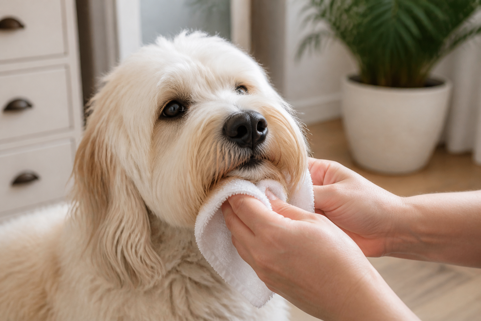 A calm dog having its beard gently wiped with a soft cloth