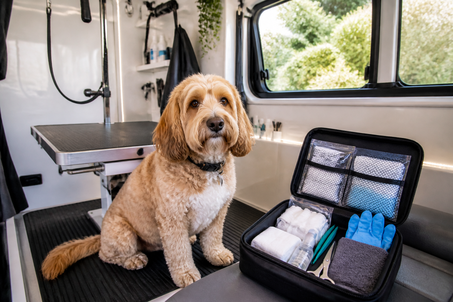 A calm dog beside a neatly organised first-aid kit in a mobile grooming van.
