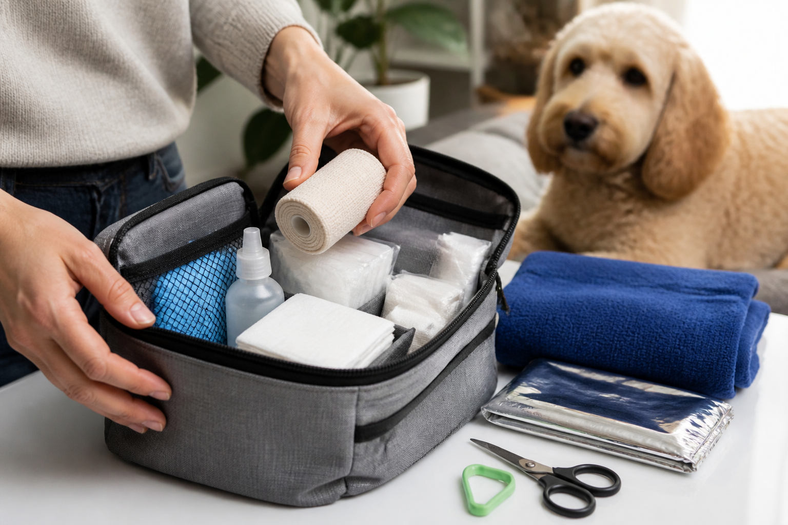 Dog grooming first-aid supplies arranged neatly beside a calm resting dog.