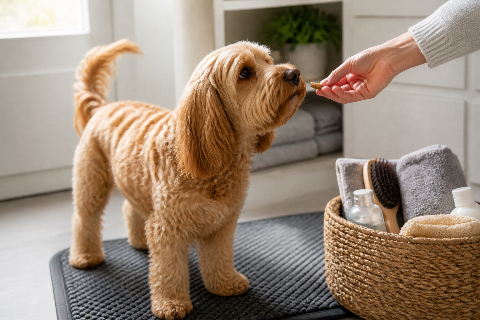 Relaxed dog standing on a non-slip mat in a calm home grooming space with safe supplies nearby.