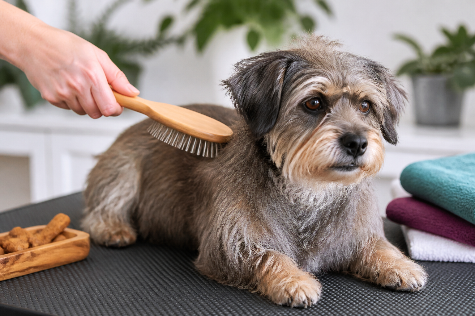 A relaxed dog receiving gentle brushing in a safe, comfortable home grooming area.