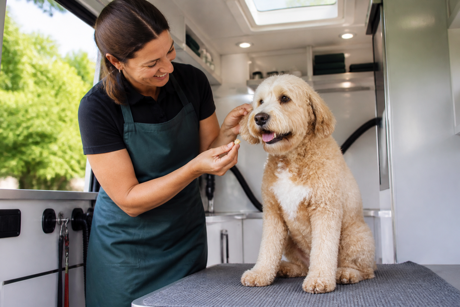 A relaxed dog receiving a gentle ear check and treat during a calm one-to-one grooming session.