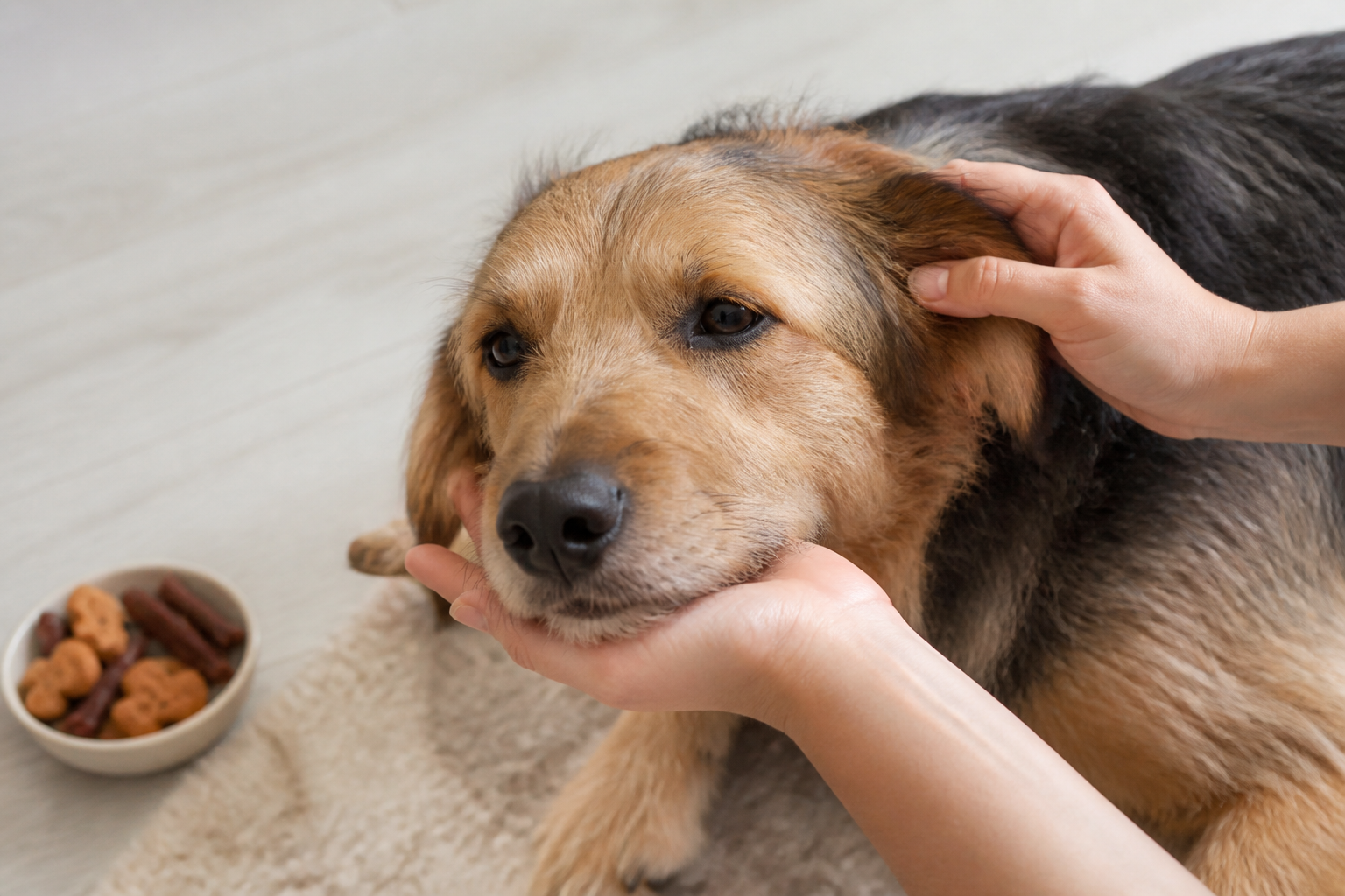 A calm dog practising a gentle ear-handling exercise with its chin resting on a person’s hand.