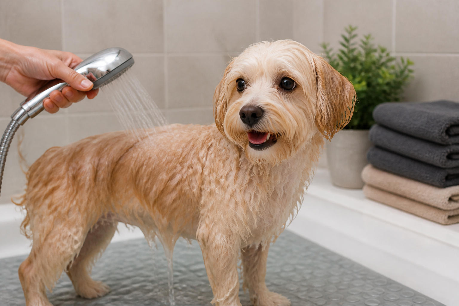Dog receiving a gentle lukewarm rinse with towels ready for drying