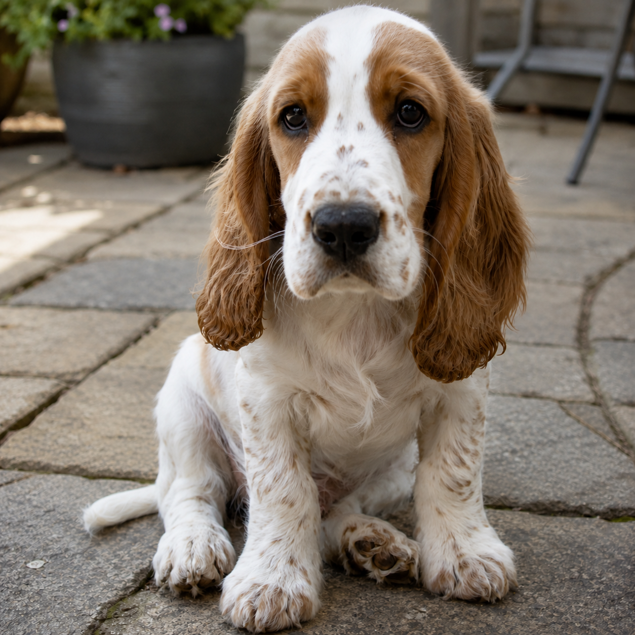 Young brown-and-white spaniel ready for a gentle first groom